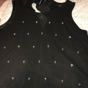 Sheer cute black top with lil gem crosses